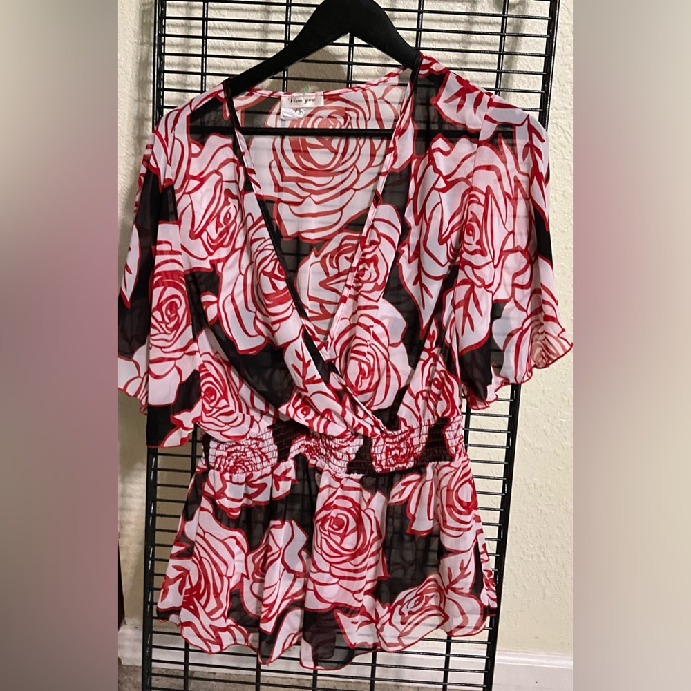 Sheer Floral Wrap Romper in Red and White